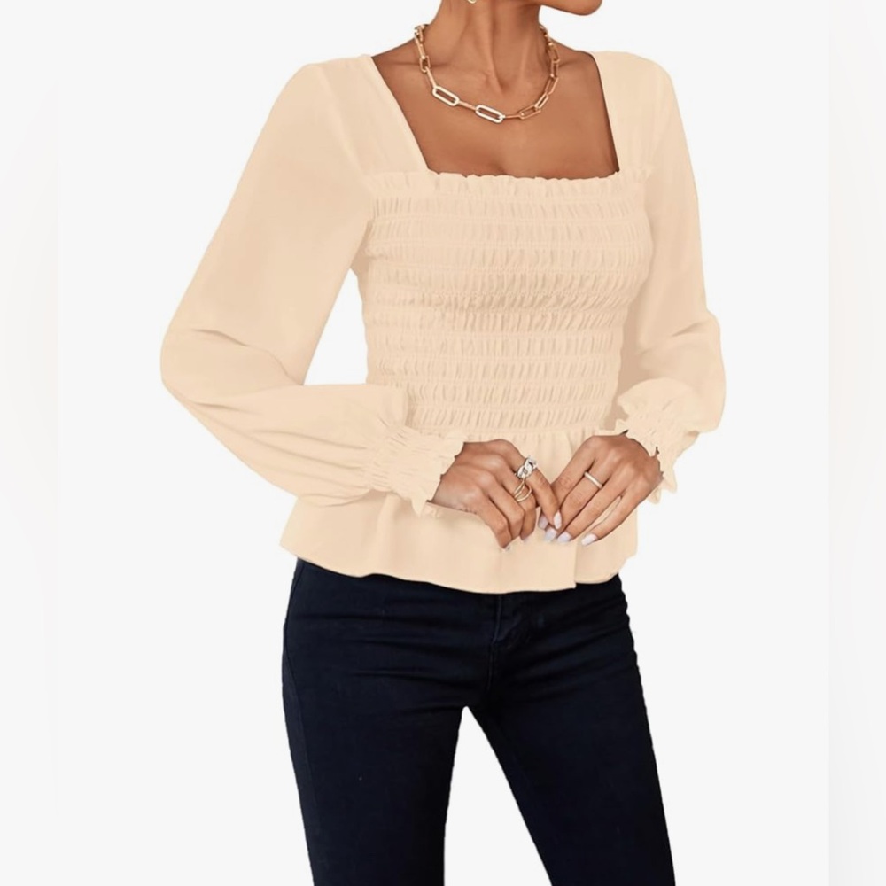 NEW Cream/Beige Lightweight Long Sleeve Ruffle Smocked Peplum Blouse Top Size L